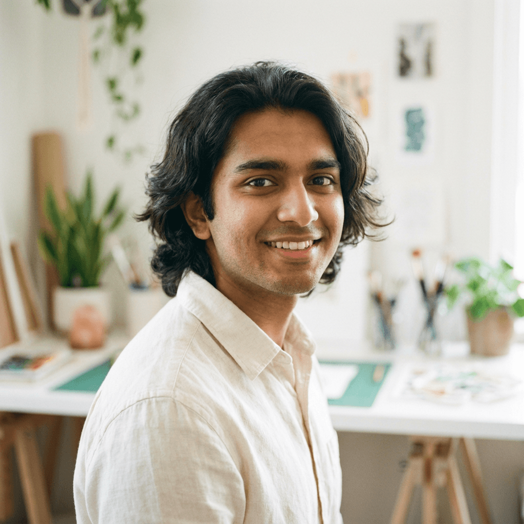 Photographer in a studio holding a camera, warm and approachable