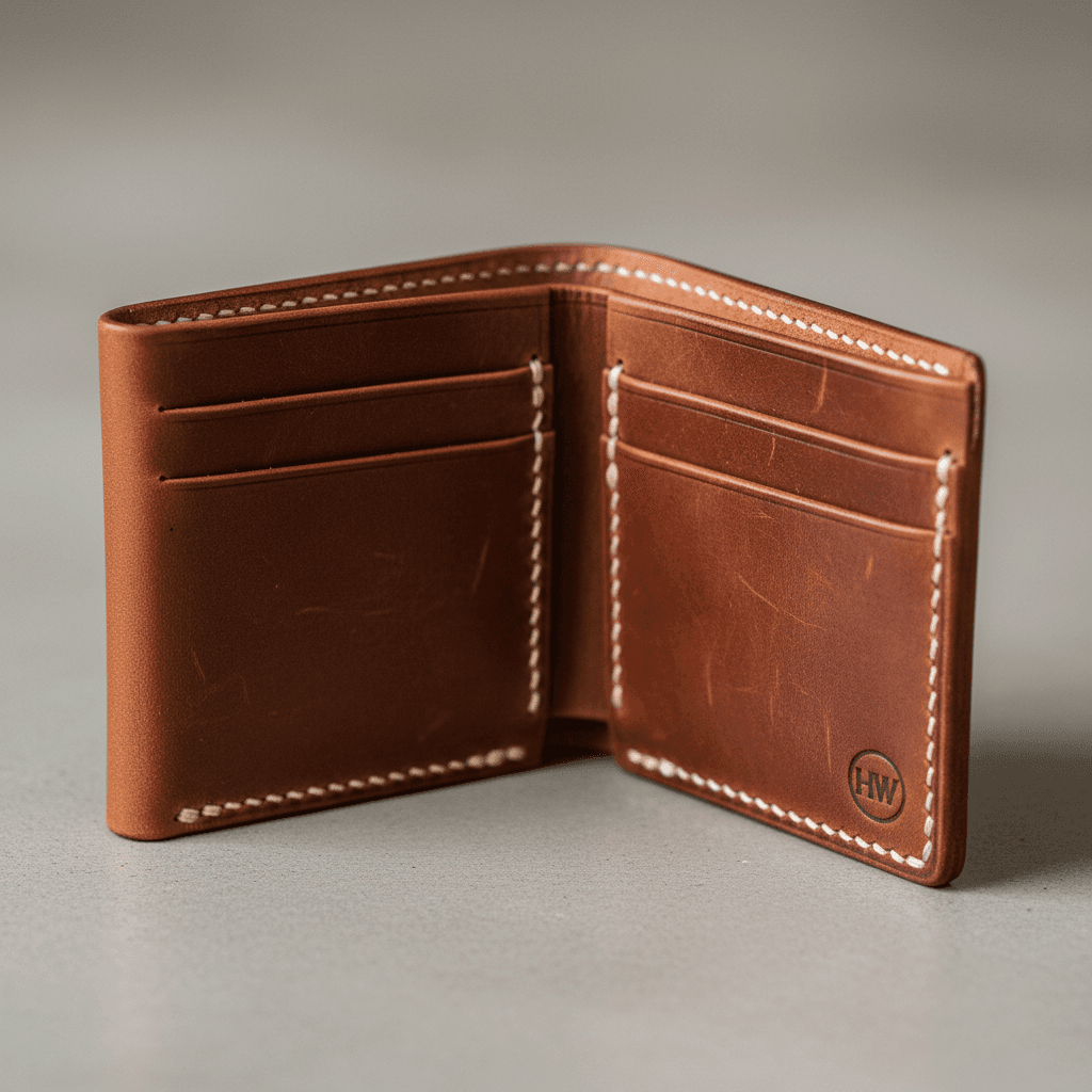 Close-up product shot of a handmade leather wallet, composed for detail