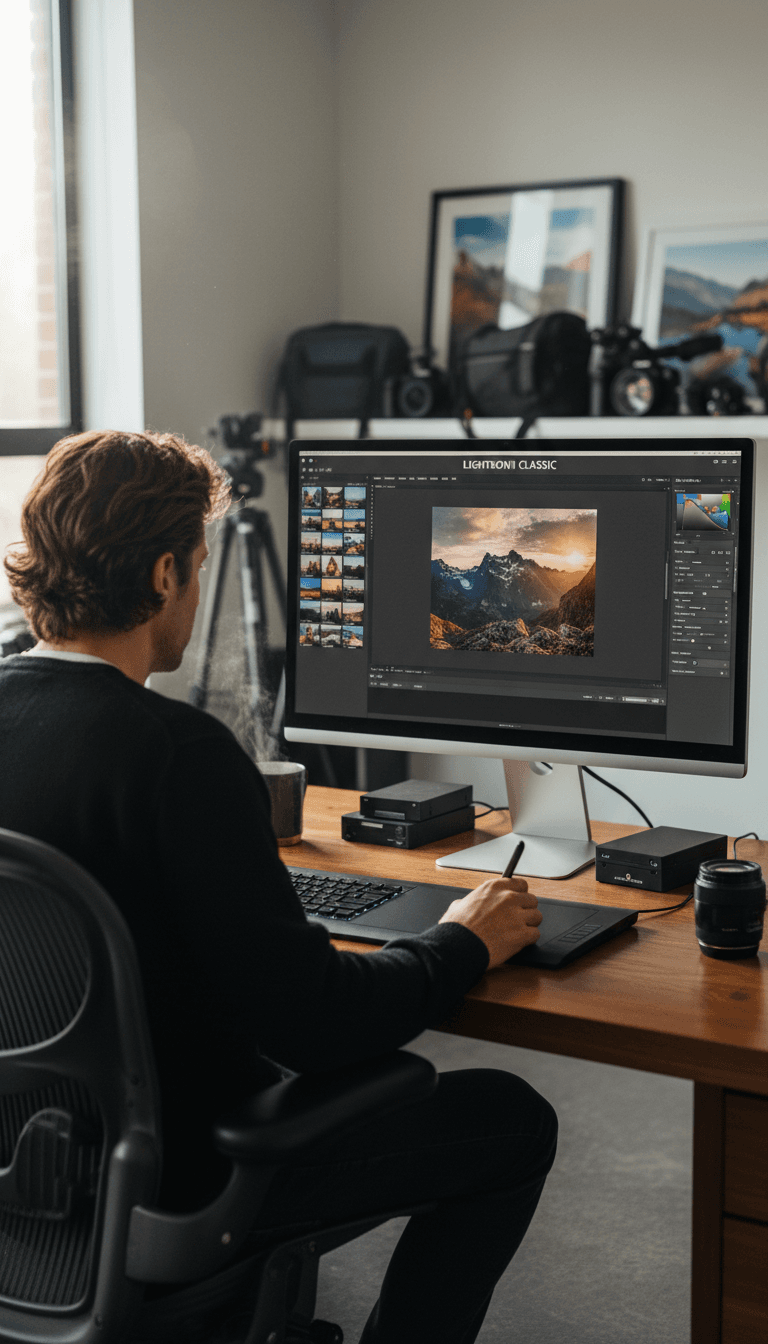 Hands adjusting photo on monitor in editing suite