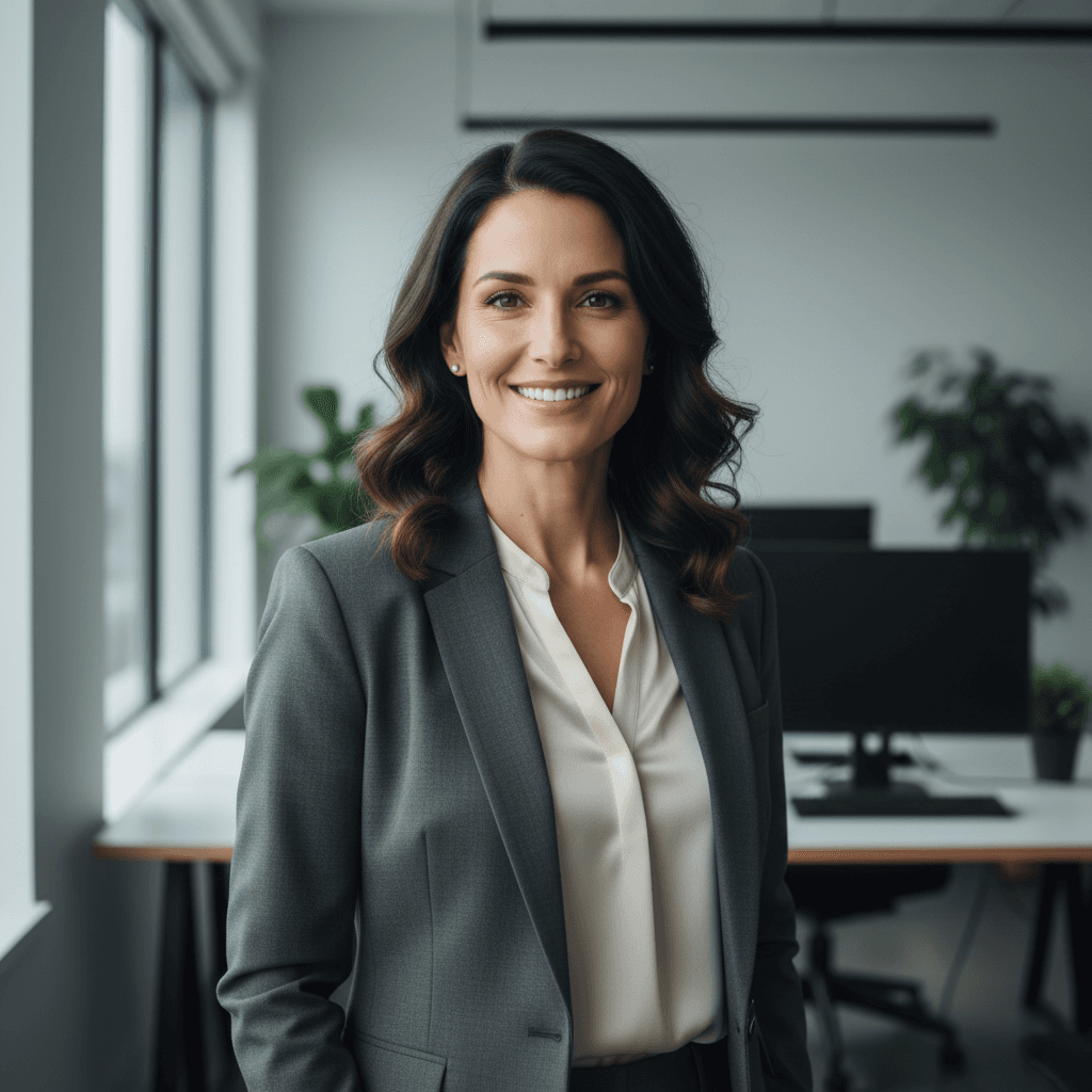 Professional business headshot taken in a modern office setting