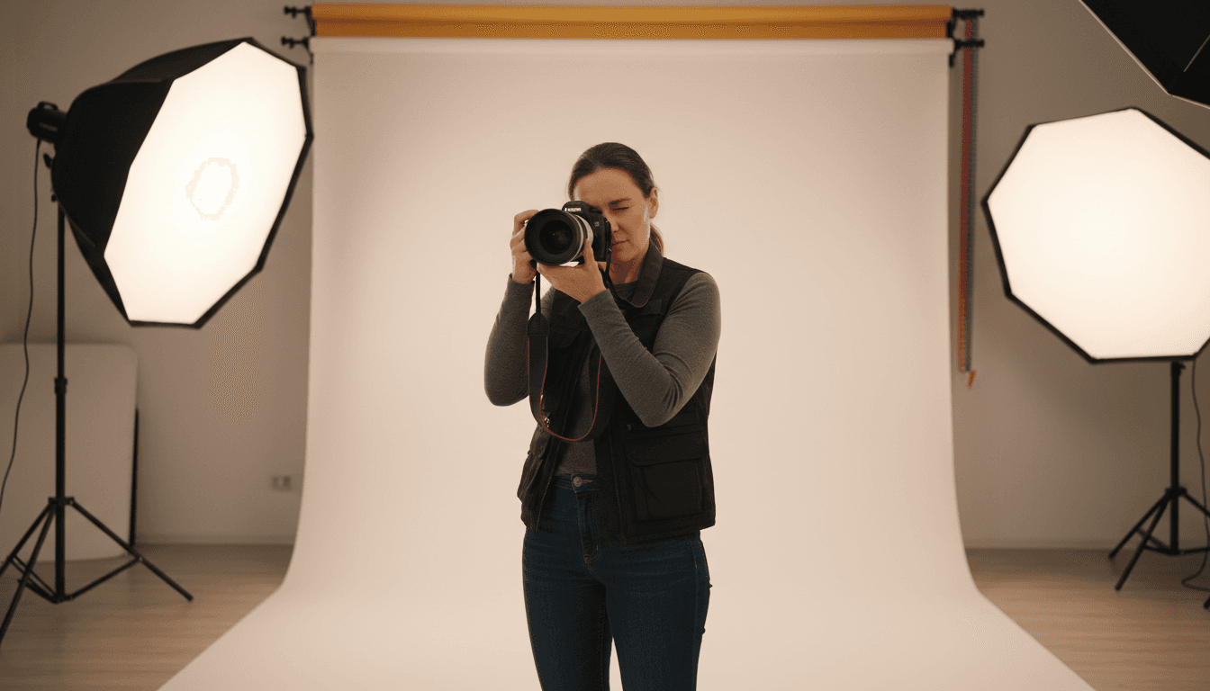 Photographer holding a camera in a studio with soft, professional lighting