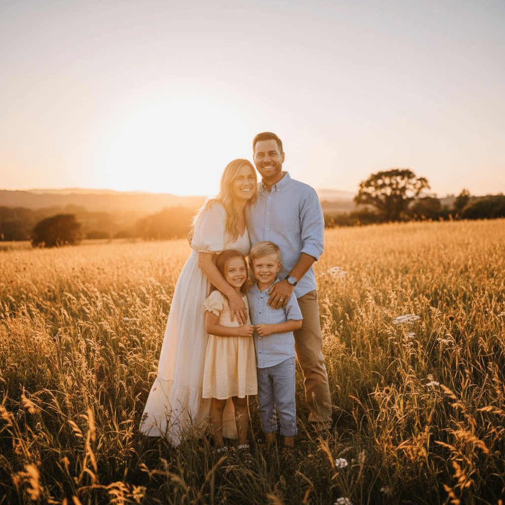 Family portrait taken outdoors in warm golden light