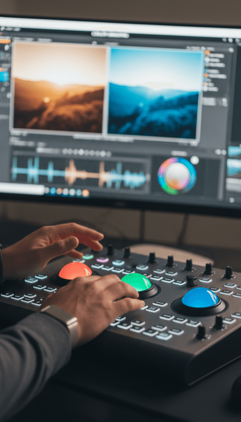 Close-up of color grading controls on editing software