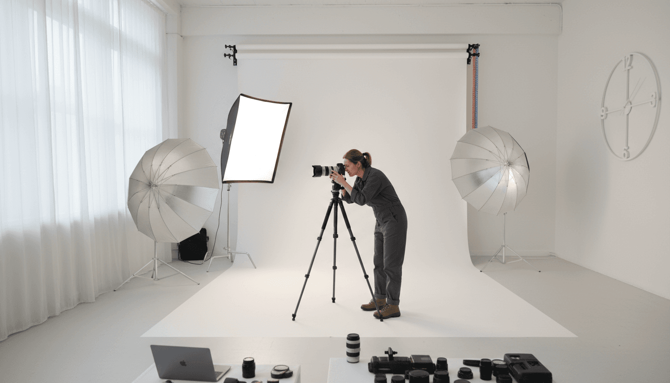 Photographer working with a camera on a tripod in a bright studio