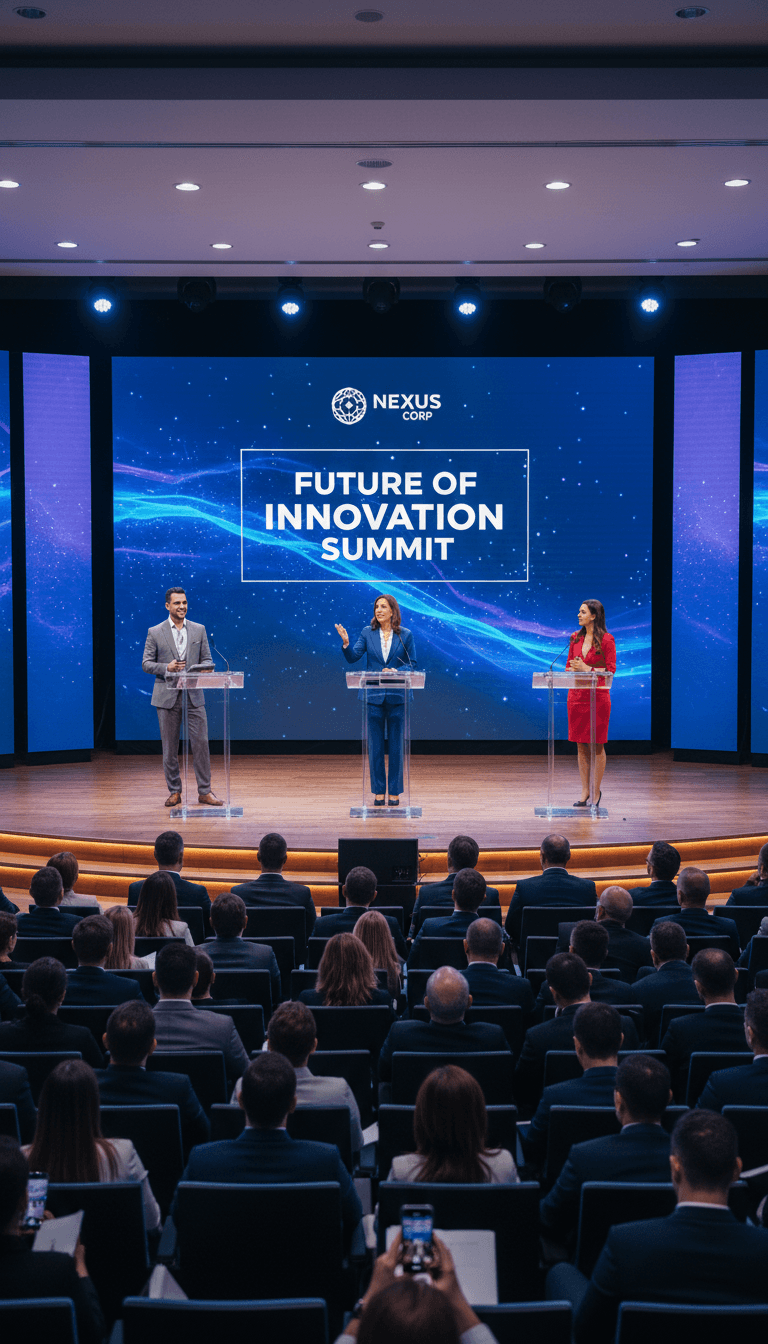 Speaker presenting on stage at corporate event