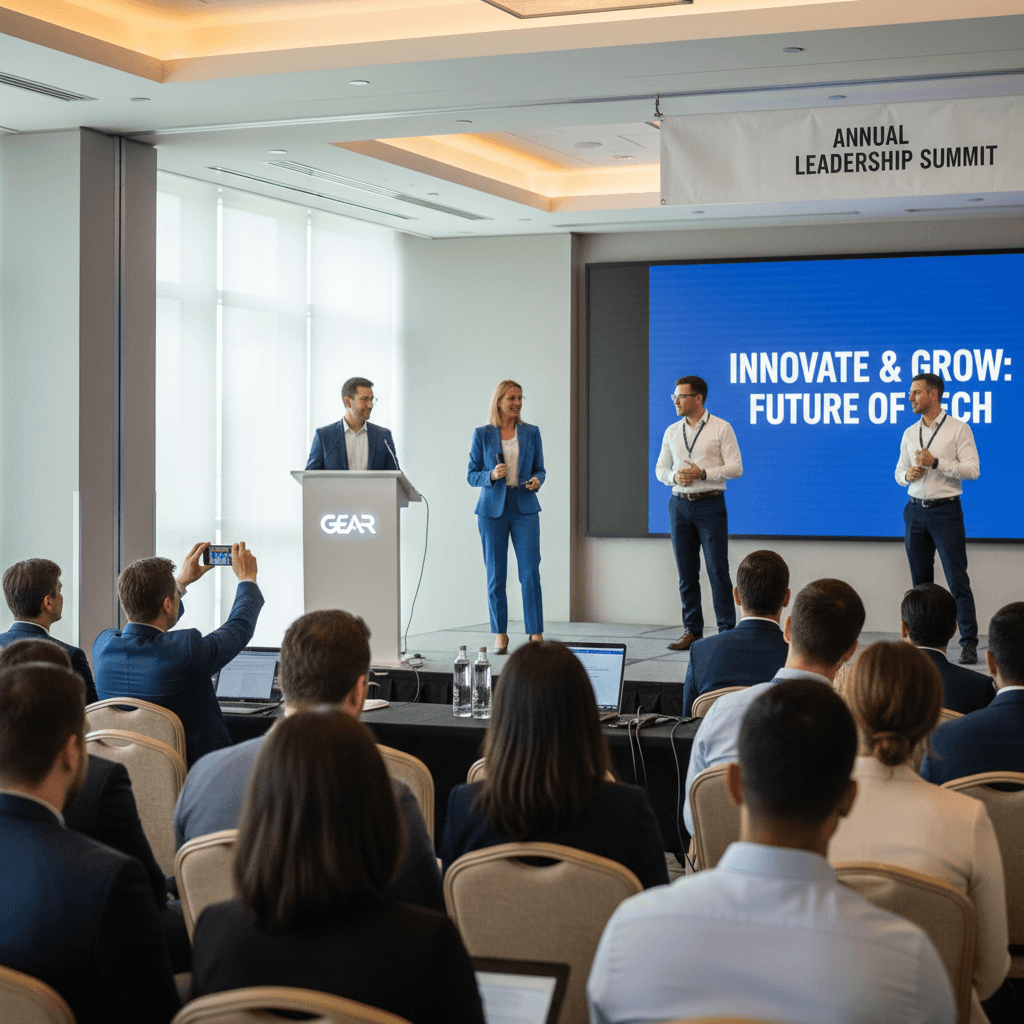 Candid coverage of a corporate event with a speaker on stage