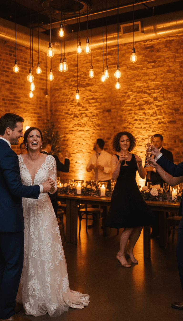 Guests laughing during wedding reception with string lights
