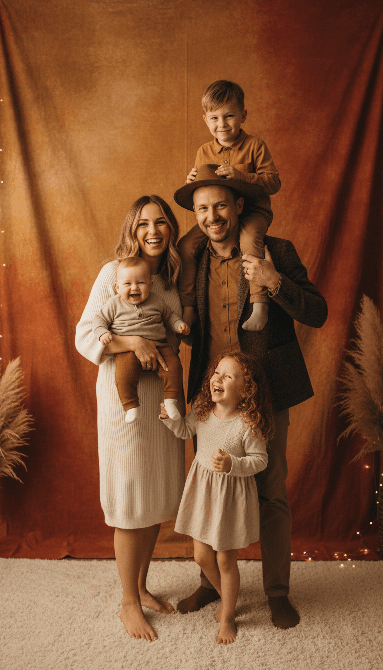 Family seated together for warm studio portrait