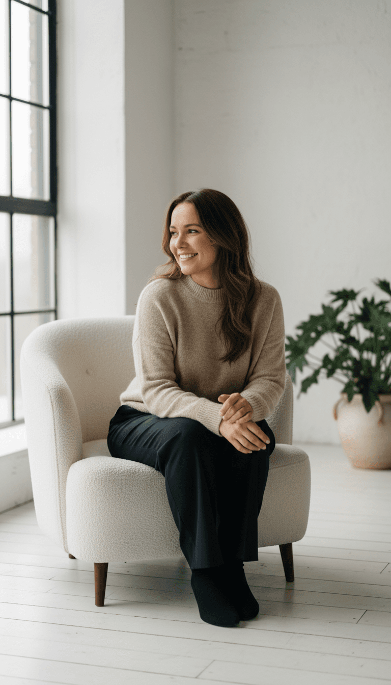 Woman in soft natural light during indoor portrait session
