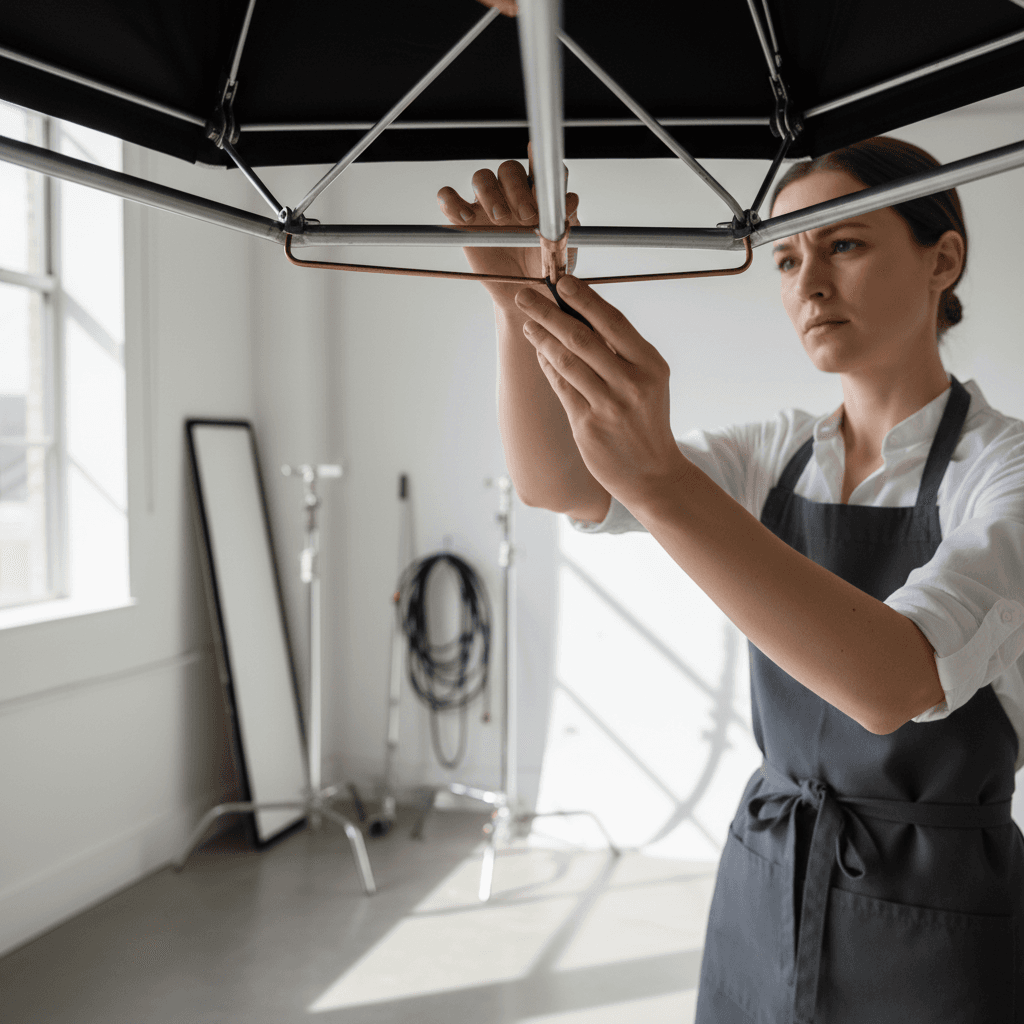 Photographer adjusting camera lens on tripod in a modern studio with soft lighting