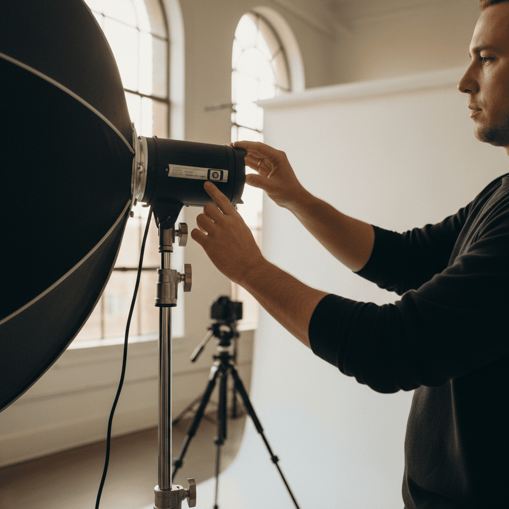 Photographer adjusting a camera on a tripod in a bright studio