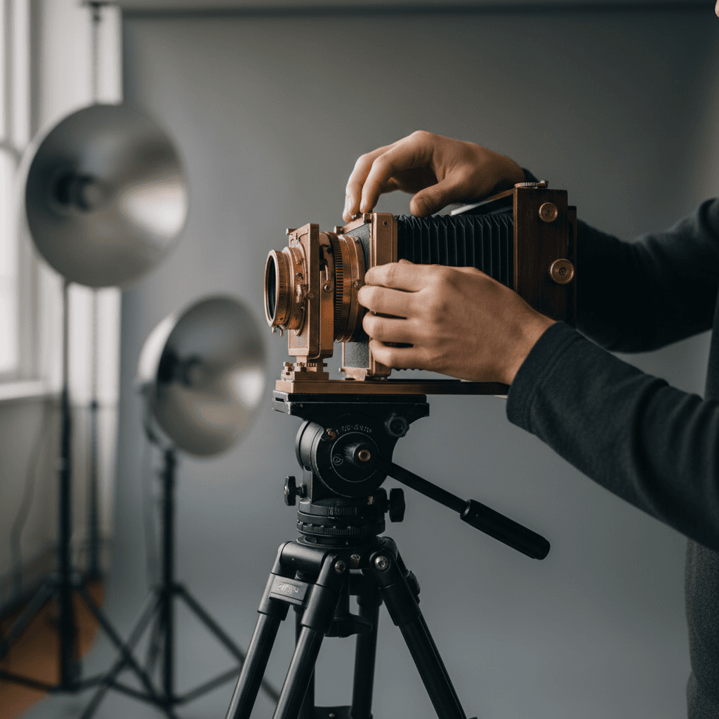 Photographer adjusting a camera on a tripod in a modern studio