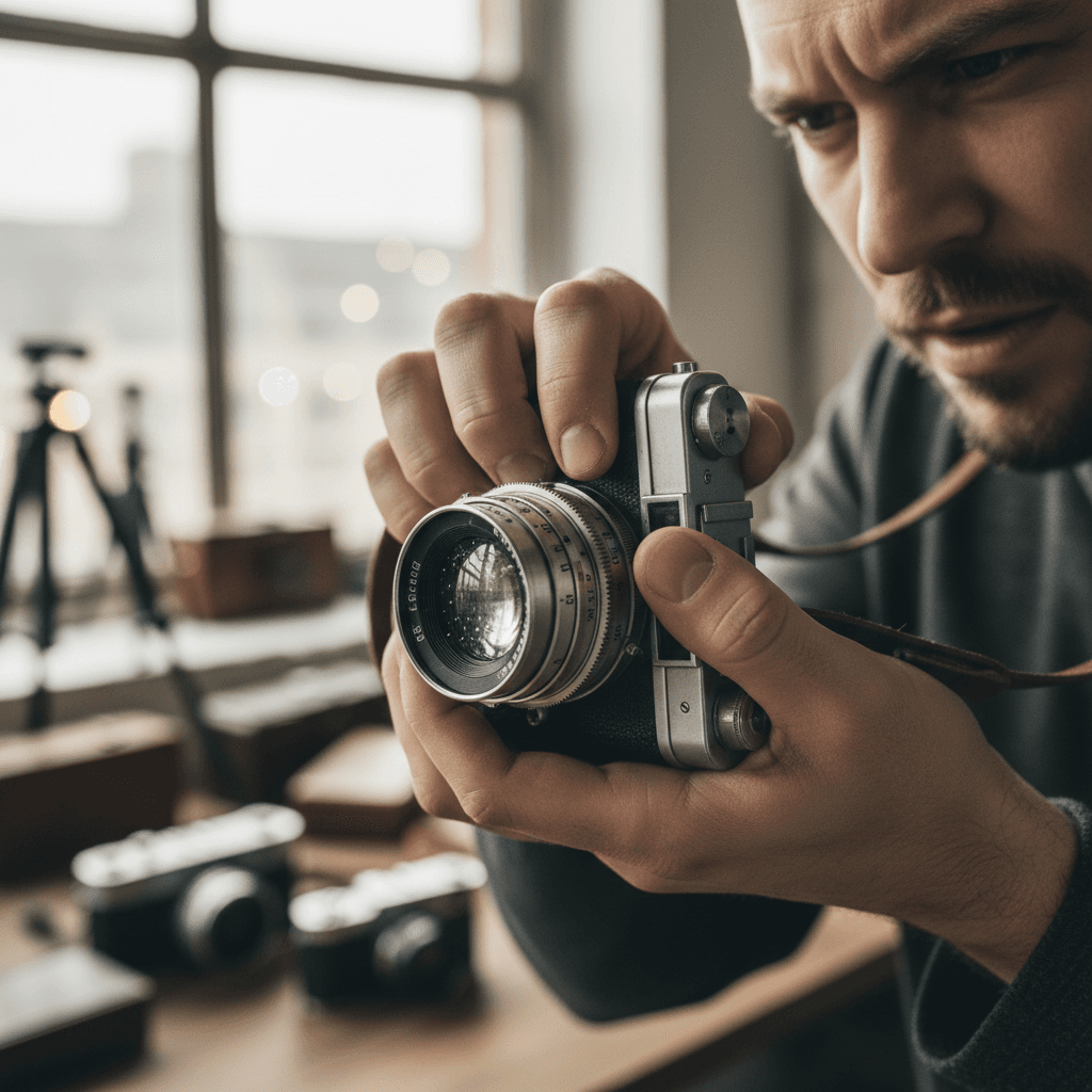 Photographer's hands adjusting camera lens in warm natural light