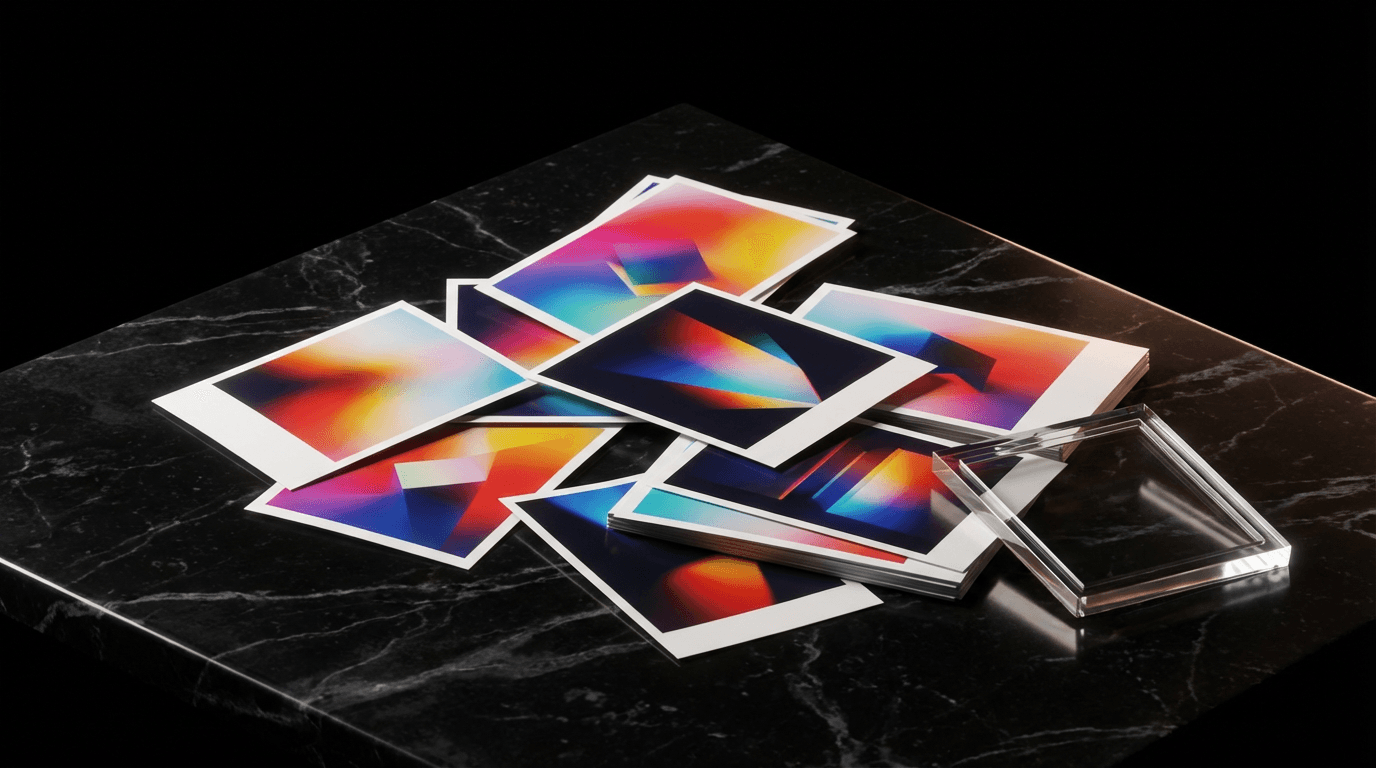 Stack of printed photographs on a wooden table next to a camera