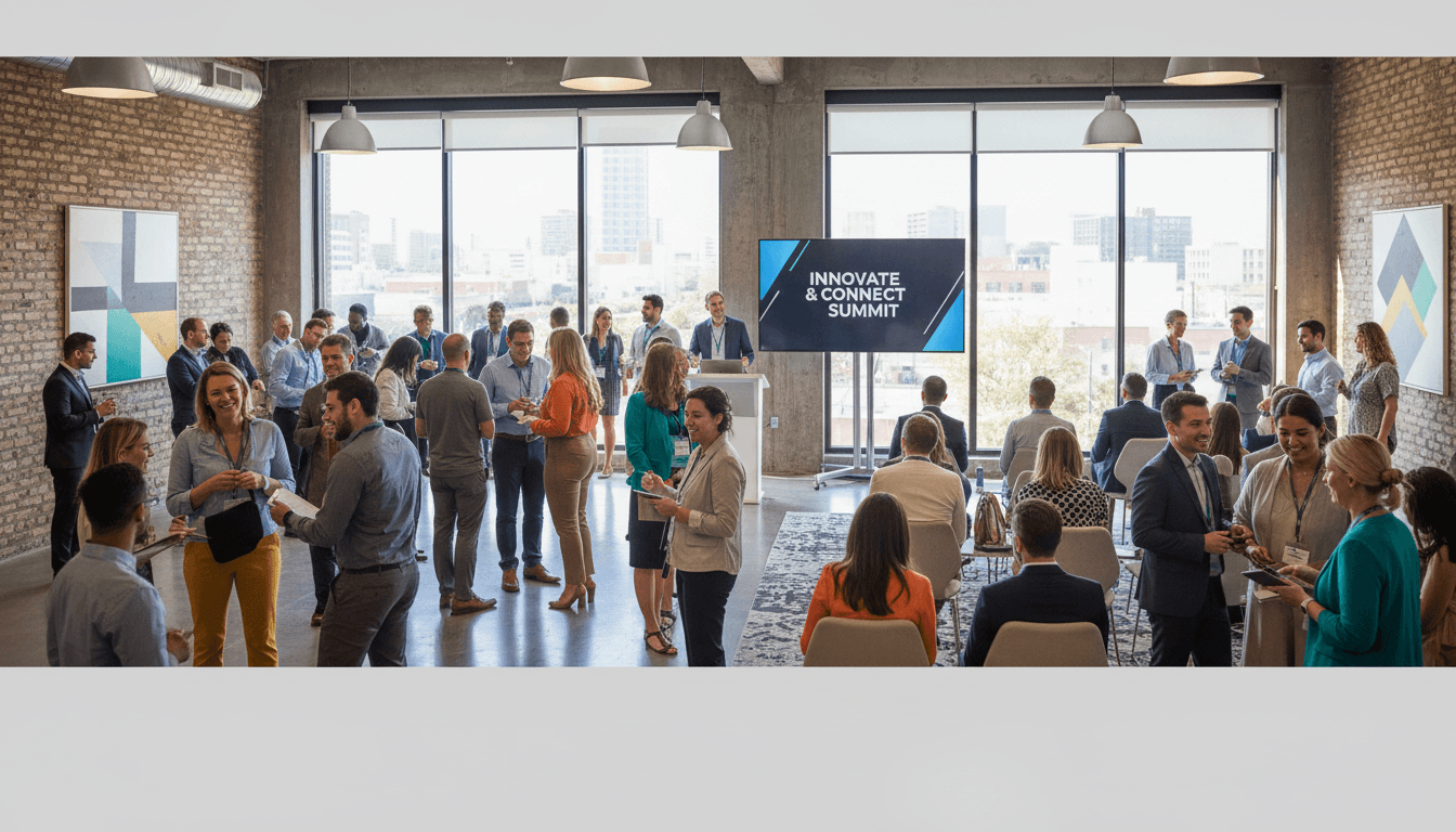 Business event with guests talking in a bright conference space