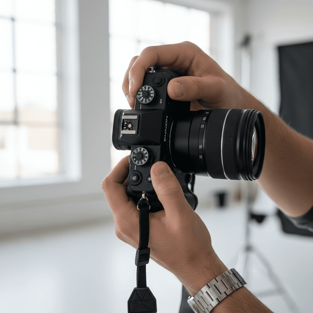 Close-up of hands adjusting settings on a professional camera lens