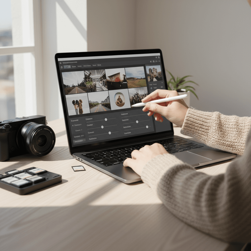 Photographer editing photos on a laptop in a cozy workspace