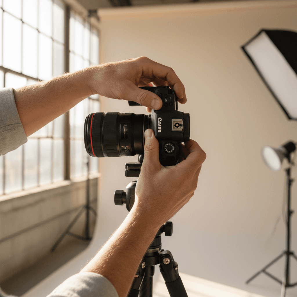 Photographer adjusting camera settings in a bright studio