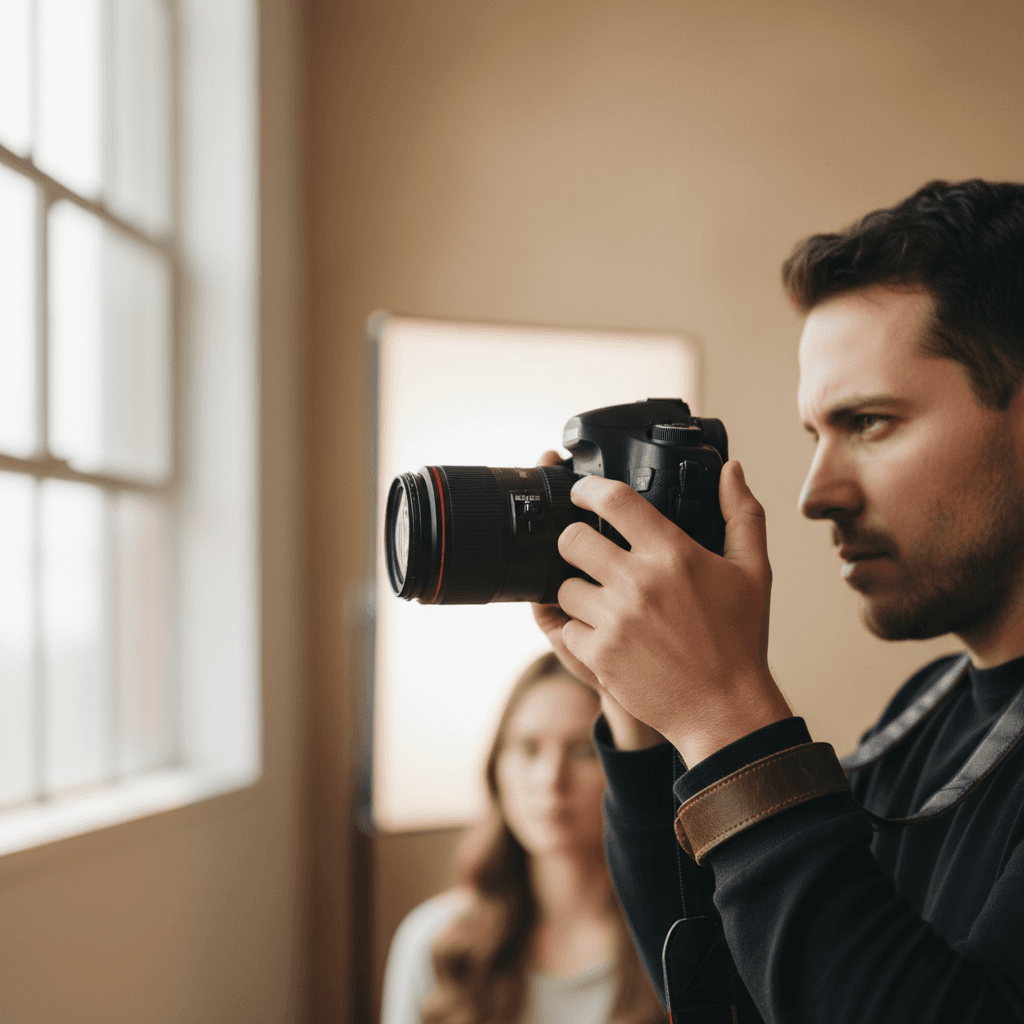Photographer with camera in a bright studio space