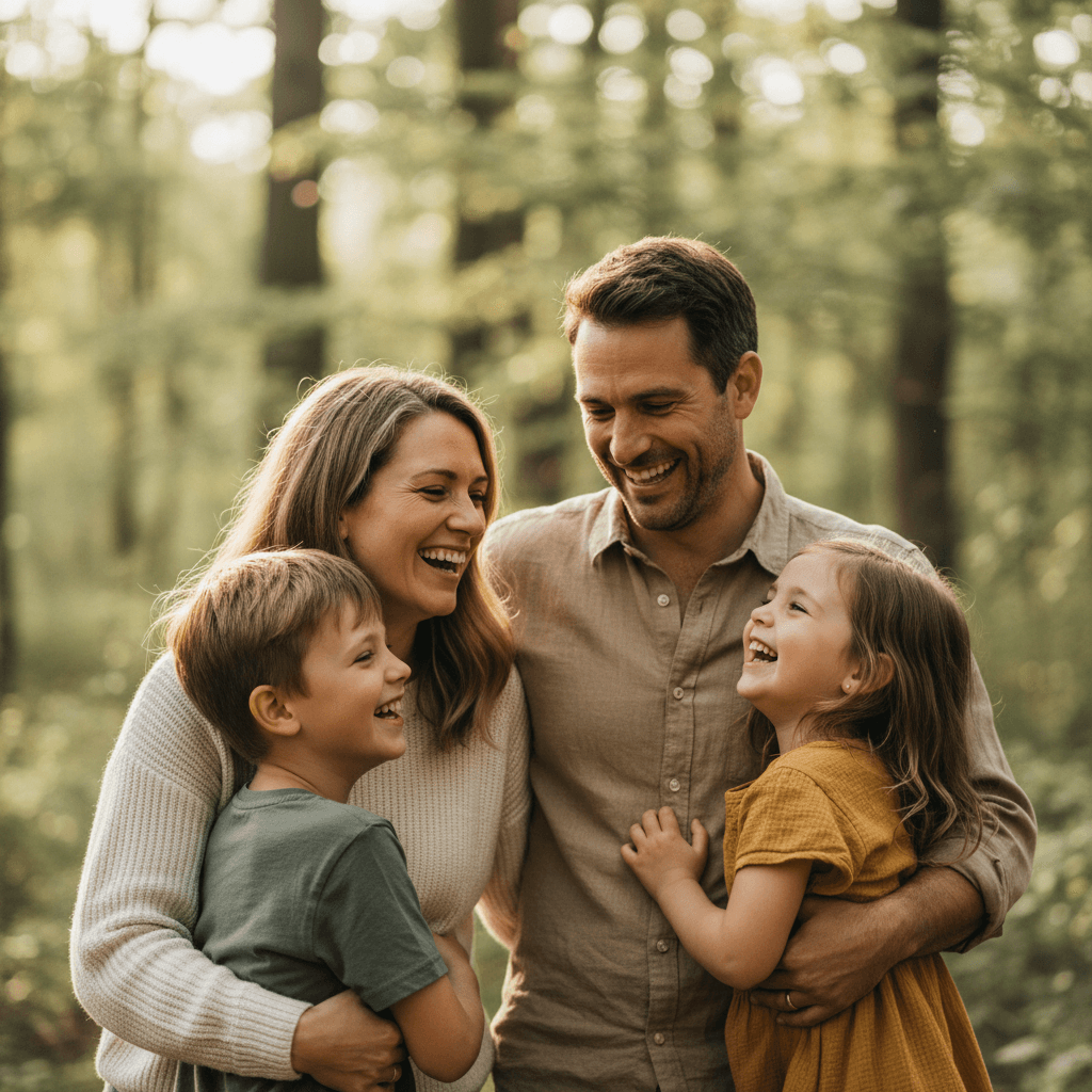 Family of four laughing together in an outdoor park session
