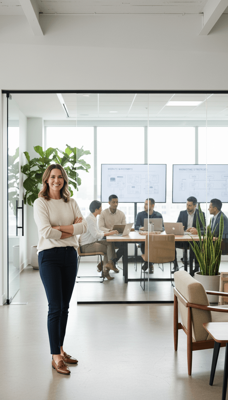 Photographer directing team portrait in modern office