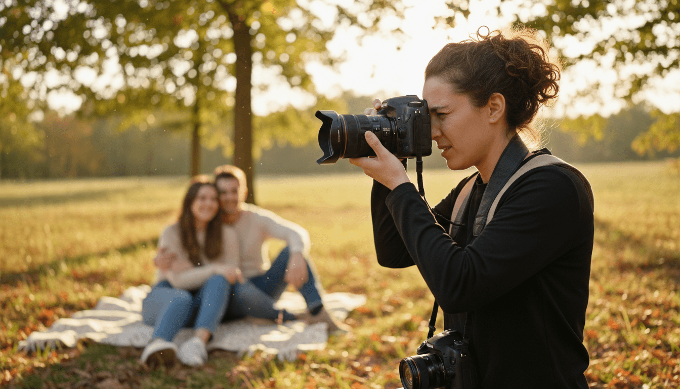 Photographer directing a couple during an outdoor photo session