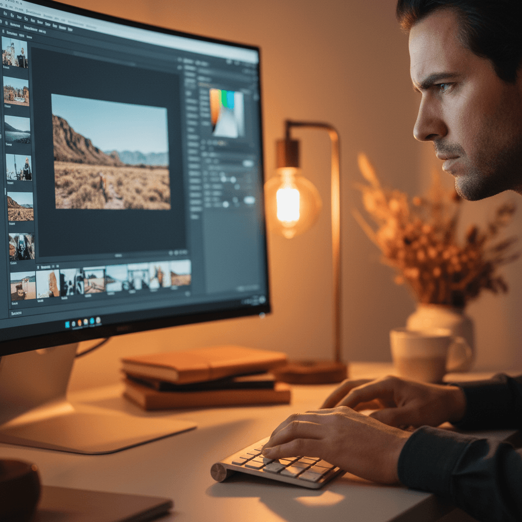 Photographer editing photos on a large monitor in a dark room