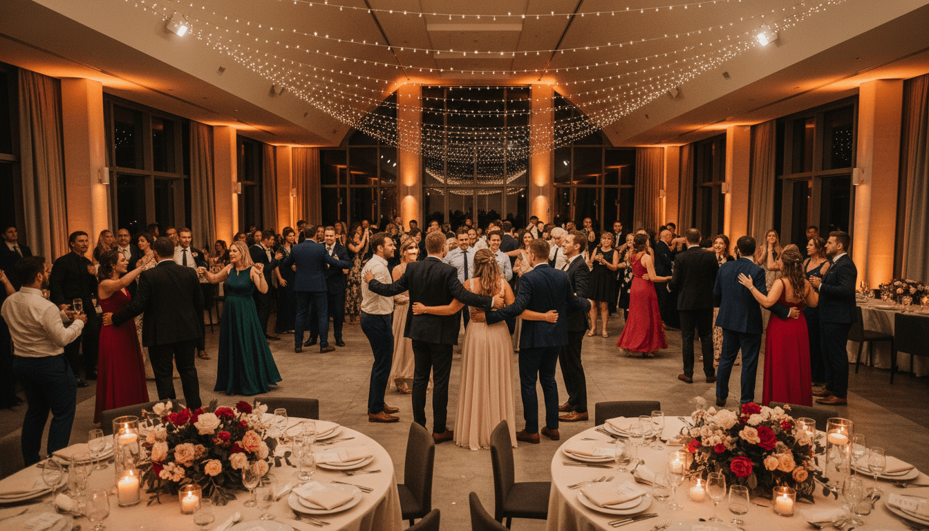 Guests laughing at festive event with string lights